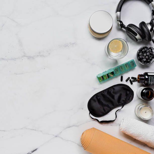 Jet lag toolkit for travelers including melatonin, water, and sleep aids